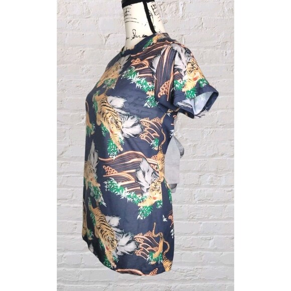 ASOS Tiger Print Open Back Shirt Womens 6 Blue Short Sleeve Double Tie Boho Edgy - Picture 3 of 5